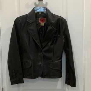 Brown leather inspired a jacket by RVT clothing.  Size Petite Small